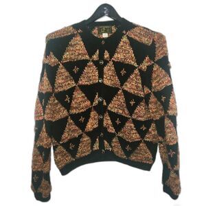 VTG SOUTH WOOL Hand Knit Bolivia Sweater Black Colorful Geo Cardigan Buttons L